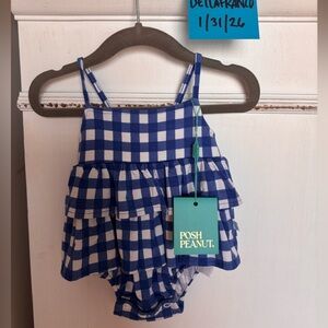 Posh Peanut Blue and White Gingham Romper
